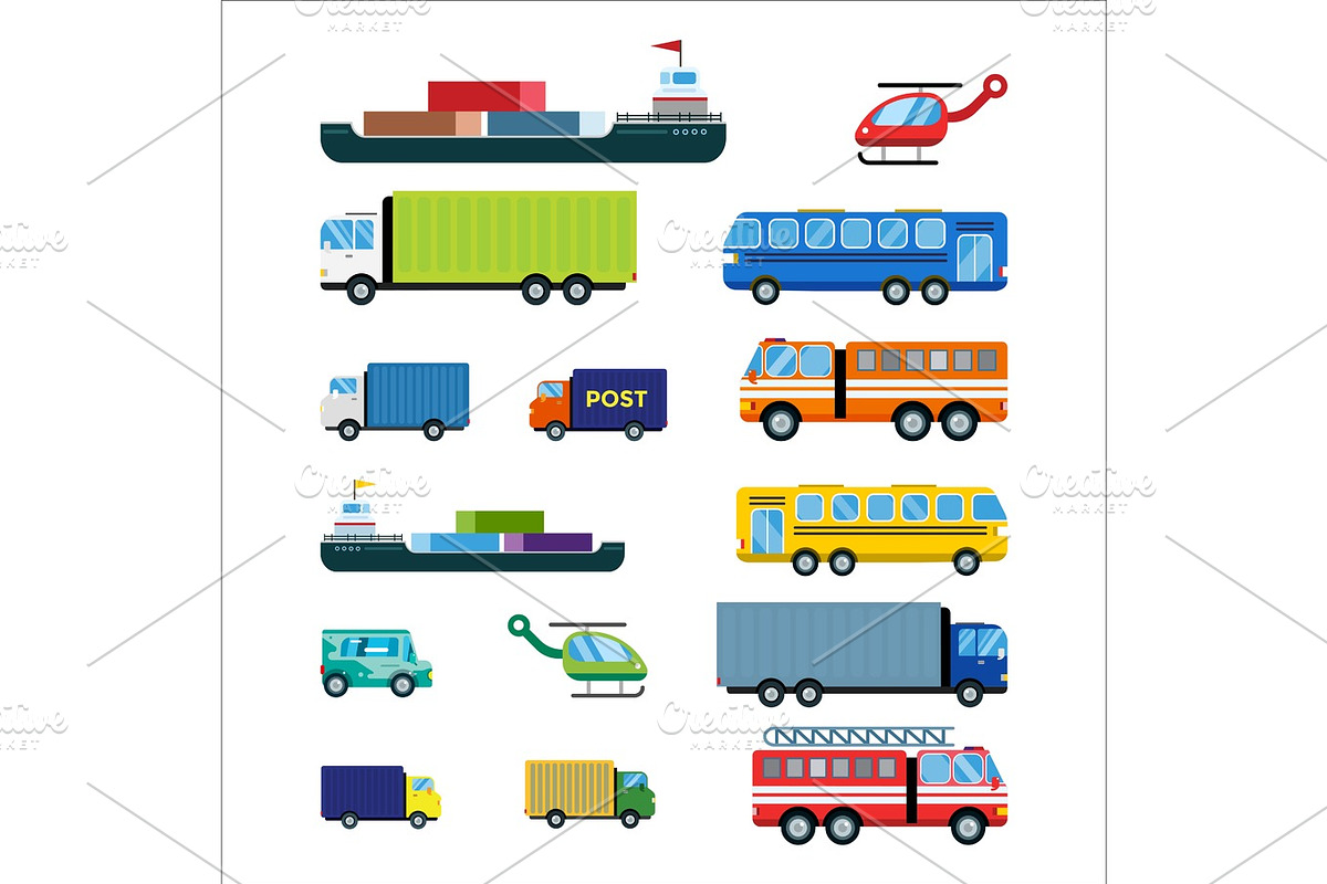 Transport delivery vector isolated white transportation car bus van fire truck helicopter ship silhouette icon tanker business logistic shipment set in Illustrations - product preview 8