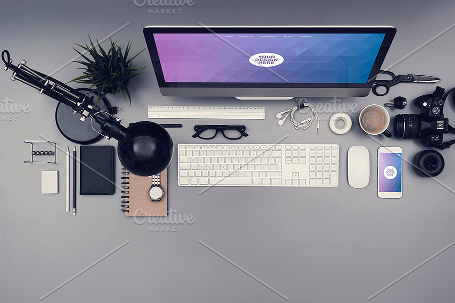 top view office desk in Mobile & Web Mockups - product preview 8