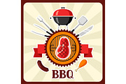 Bbq card with grill objects and icons