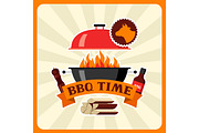 Bbq time card with grill objects and icons
