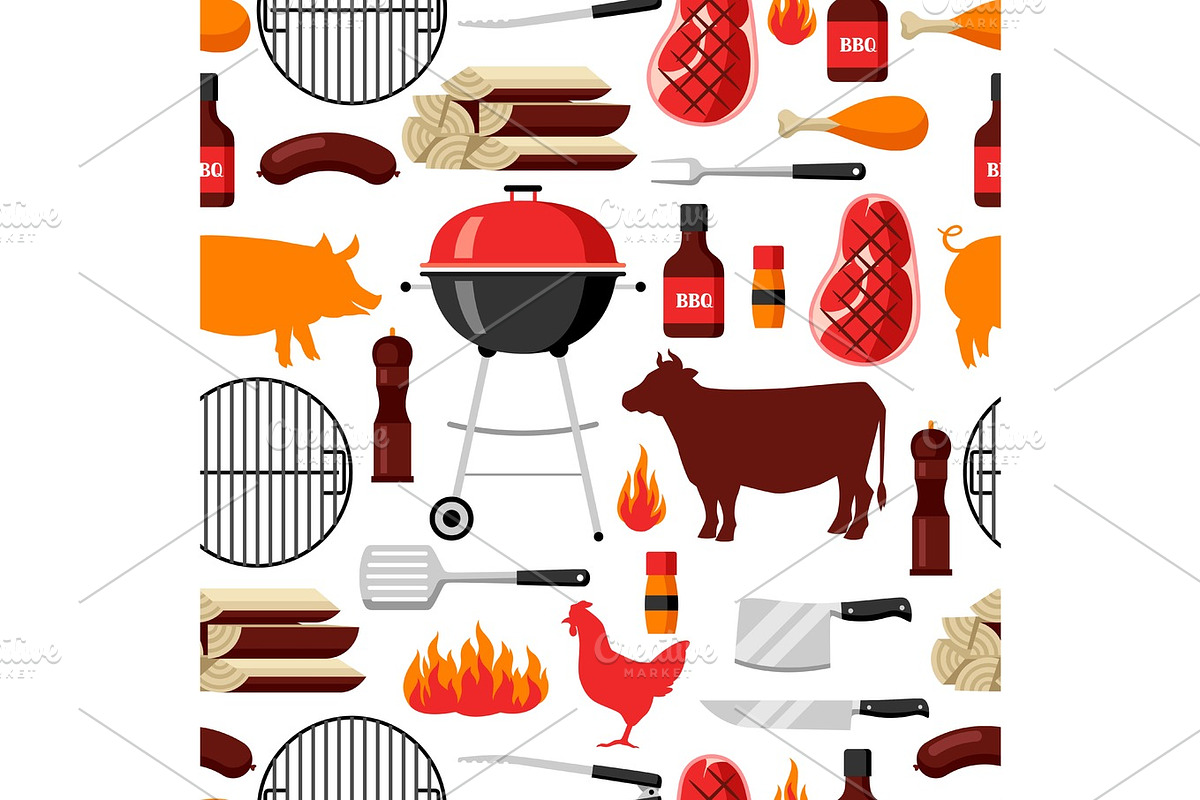 Bbq seamless pattern with grill objects and icons in Patterns - product preview 8