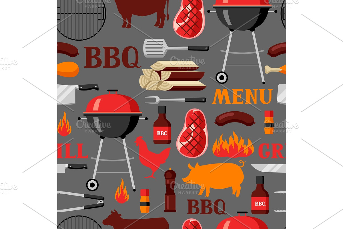 Bbq seamless pattern with grill objects and icons in Patterns - product preview 8