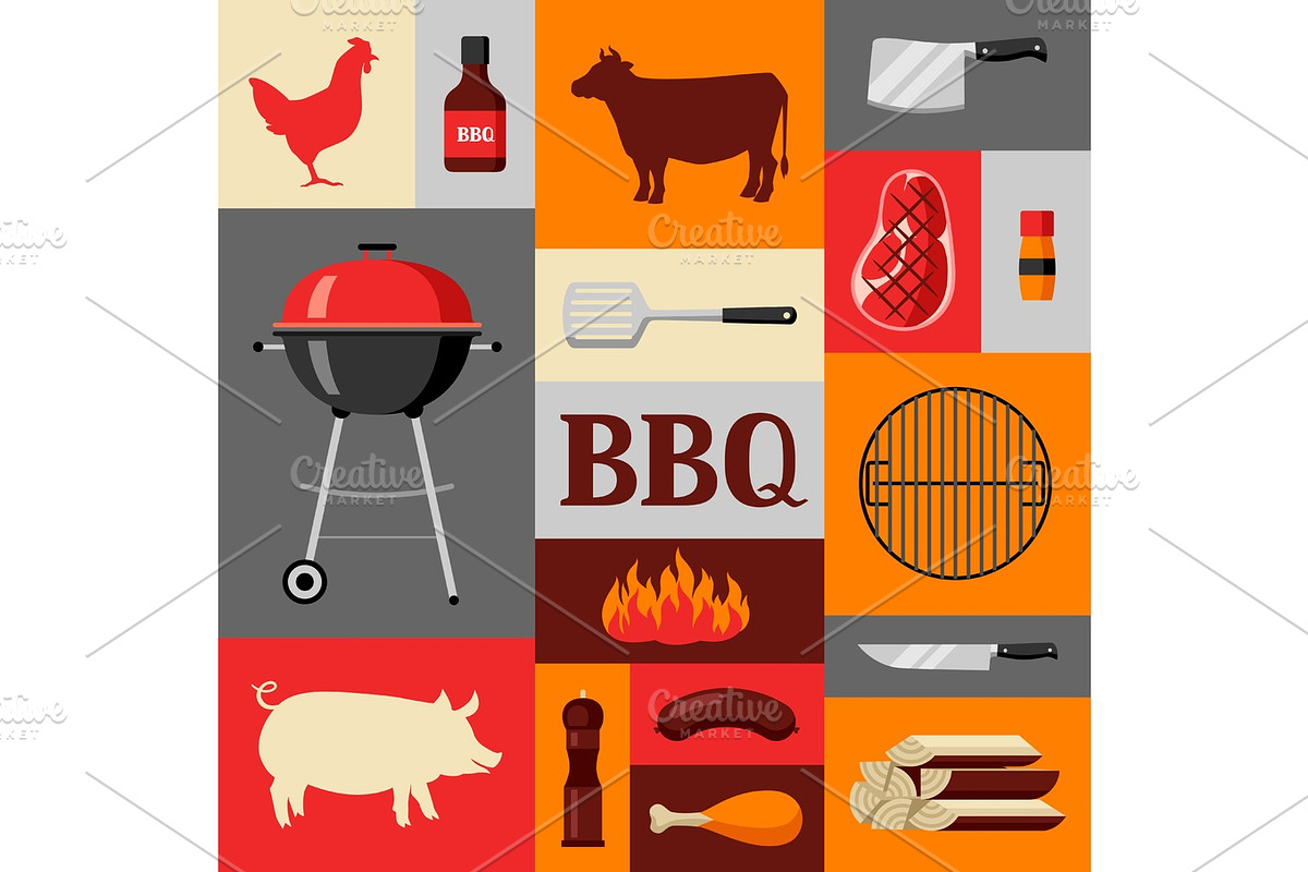 Bbq background with grill objects and icons in Objects - product preview 8
