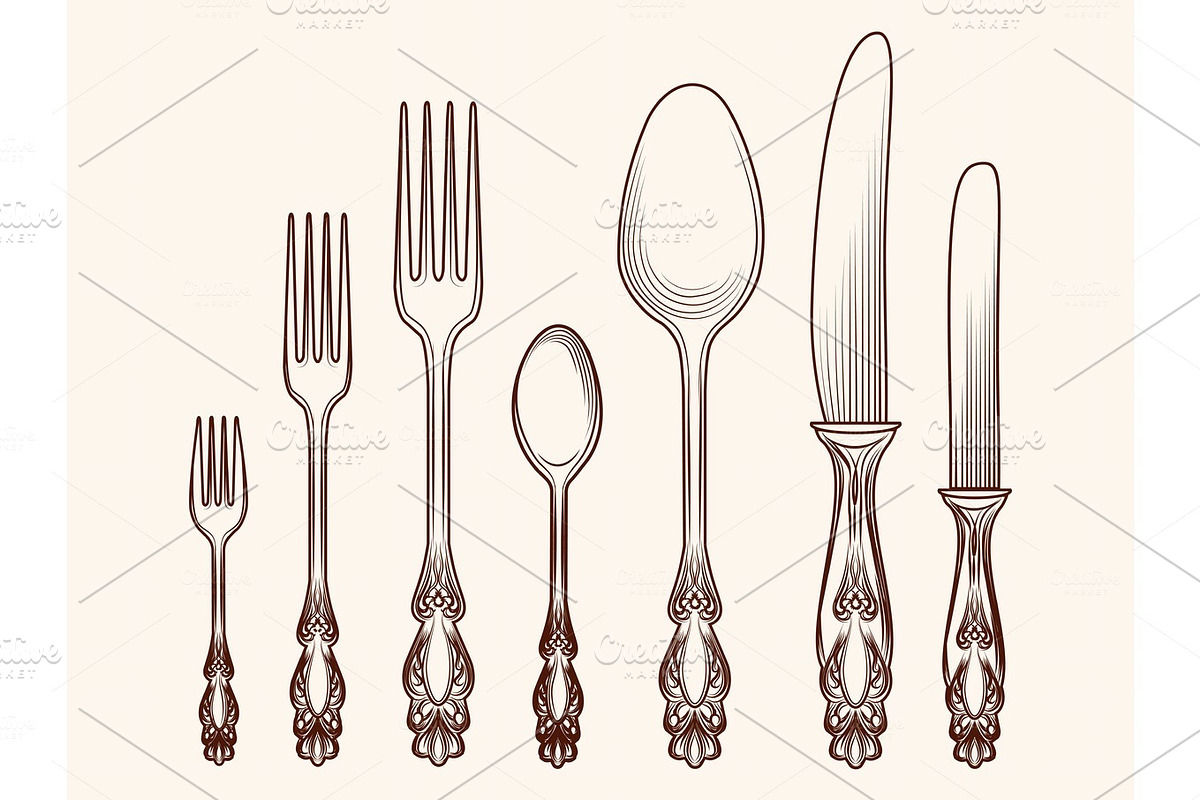 Vintage kitchen cutlery objects sketch in Illustrations - product preview 8