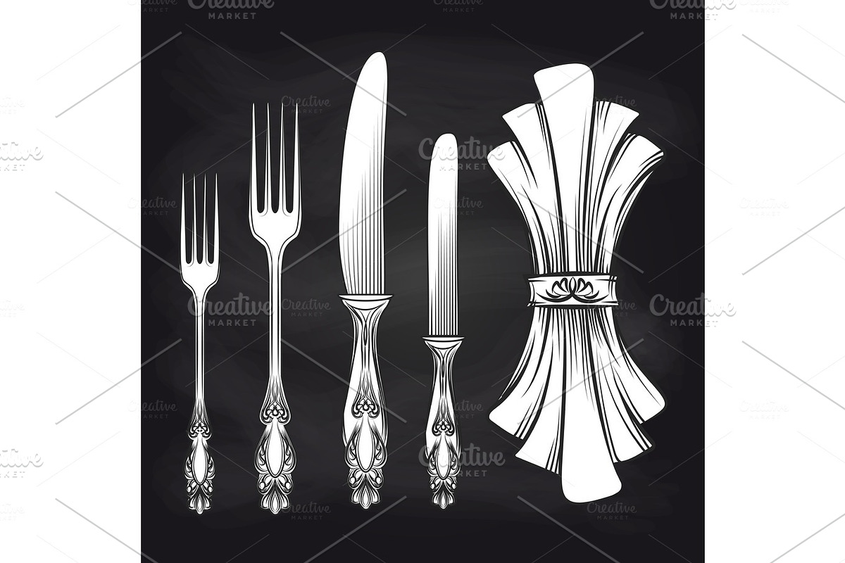 Cutlery and doily sketch chalkboard poster in Illustrations - product preview 8