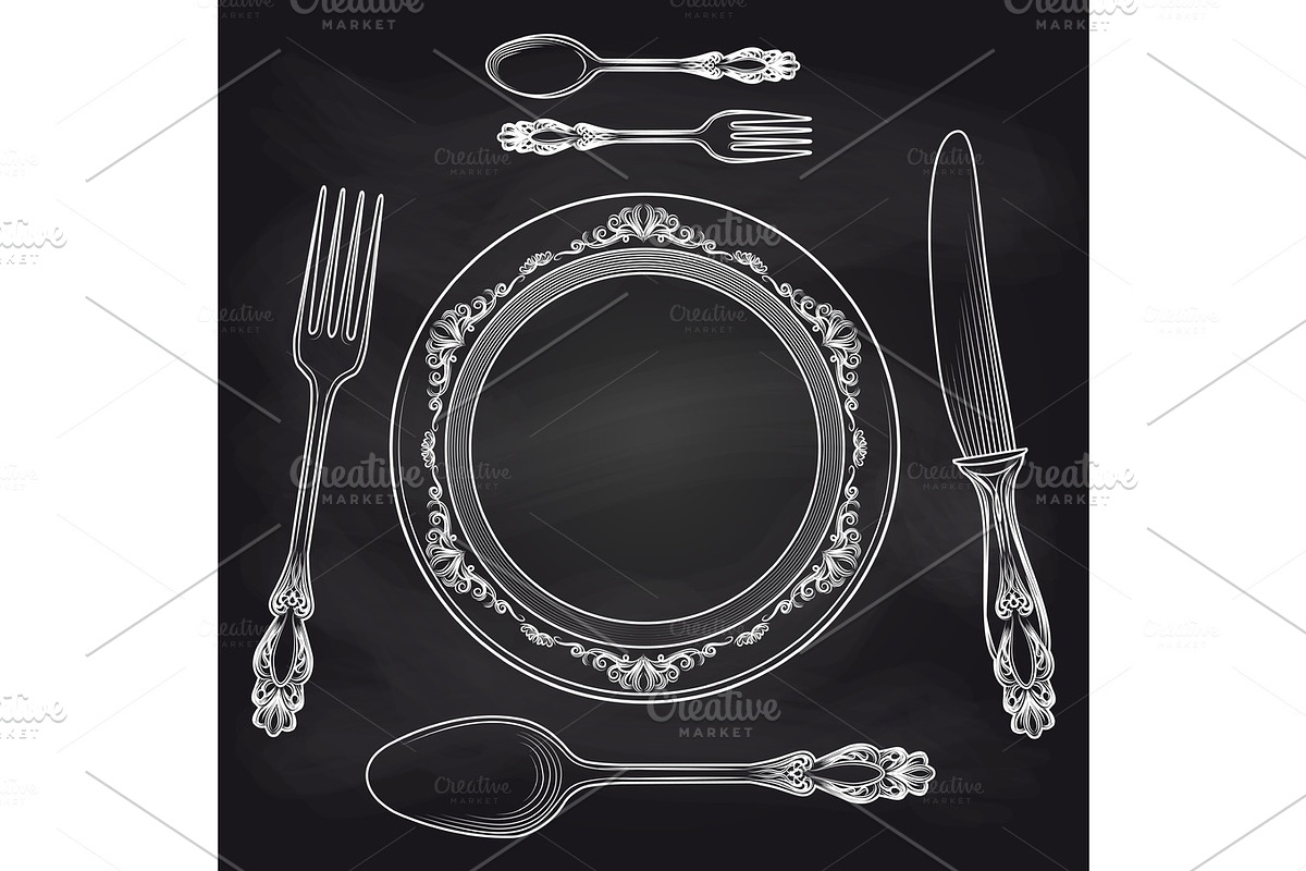 Kitchen blackboard poster with cutlery sketch in Illustrations - product preview 8