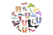 Collection of Shoes in Round Frame Banner Isolated