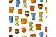 Garden pots. Seamless pattern with various color flowerpots
