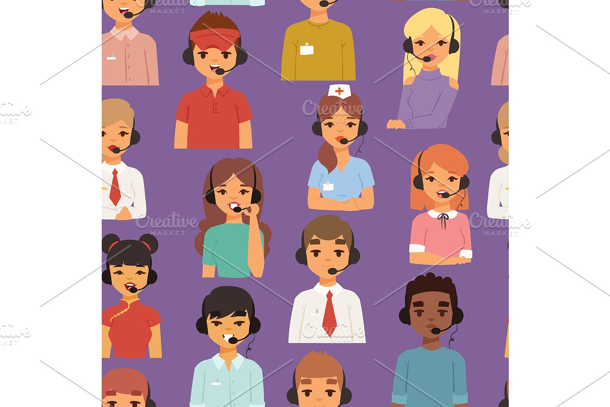 Call center agents cartoon business people with headphones team talking on phone with customers vector characters seamless pattern in Illustrations - product preview 8
