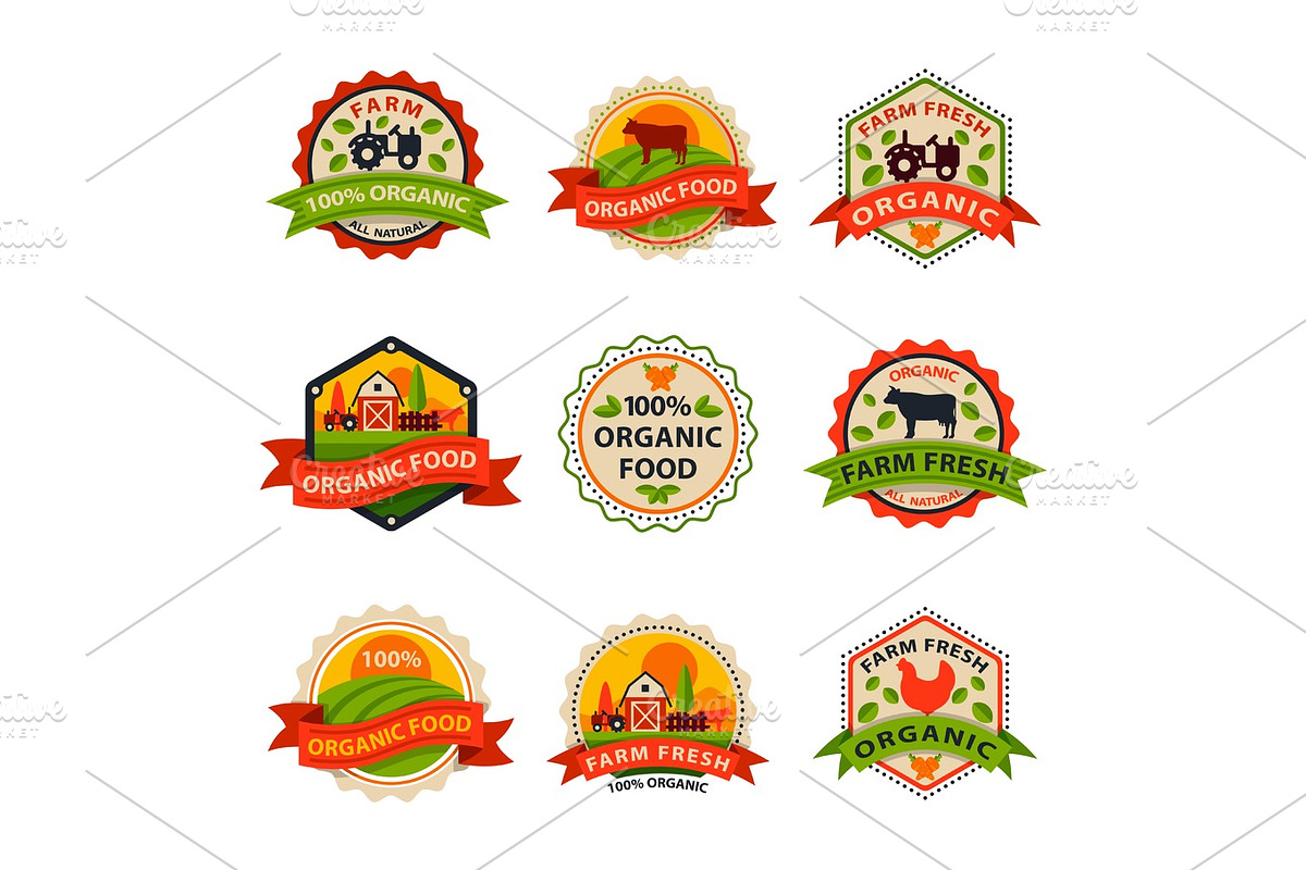 Flat style of bio organic eco healthy food label logo template and vintage vegan farm element in orange green color badge vector illustration. in Illustrations - product preview 8