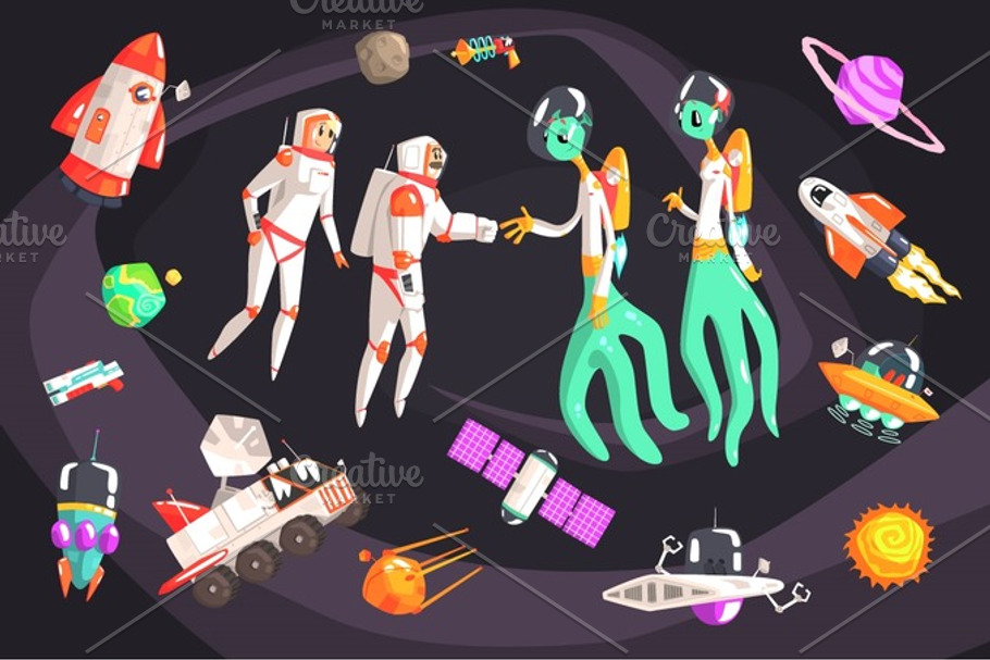 Astronauts Shaking Hands With Extraterrestrial Beings In Space Surrounded By Travel Related Objects in Illustrations - product preview 8