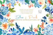 Blue & Peach- Watercolor Floral Set