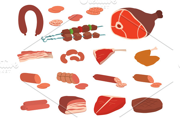 Meat products set of cartoon delicious barbecue kebab variety delicious gourmet meal and animal assortment slice lamb cooked vector illustration