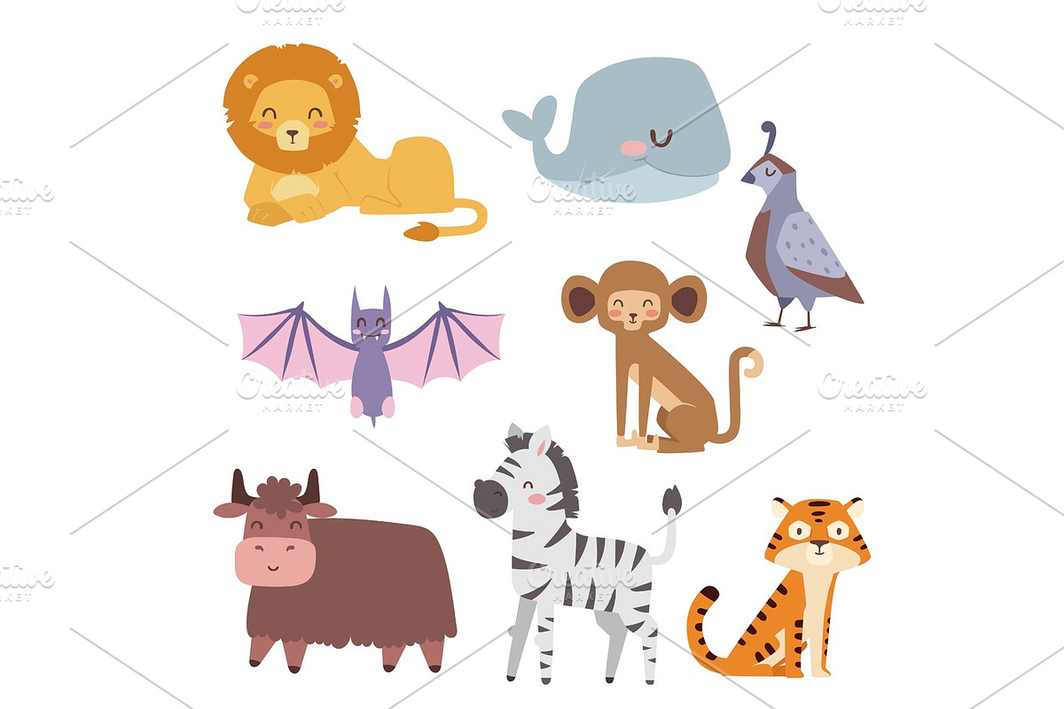 Cute zoo cartoon animals isolated funny wildlife learn cute language and tropical nature safari mammal jungle tall characters vector illustration. in Objects - product preview 8