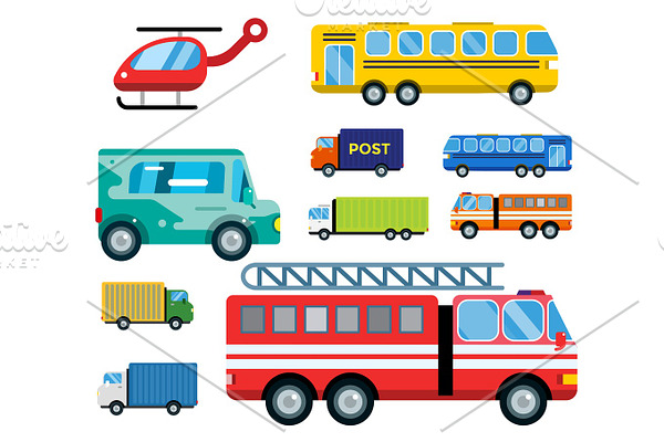 Transport delivery vector isolated white transportation car bus van fire truck helicopter silhouette icon business logistic shipment set