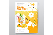 Organic raw honey designe brochure. Abstract composition. A4 brochure cover design of honey. Fancy title sheet model. Creative vector front page art. Banner form texture. Flyer fiber font