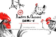 Roosters and Chickens Sumi-e.