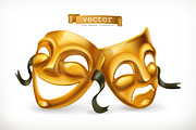 Gold theatrical masks. Vector icon