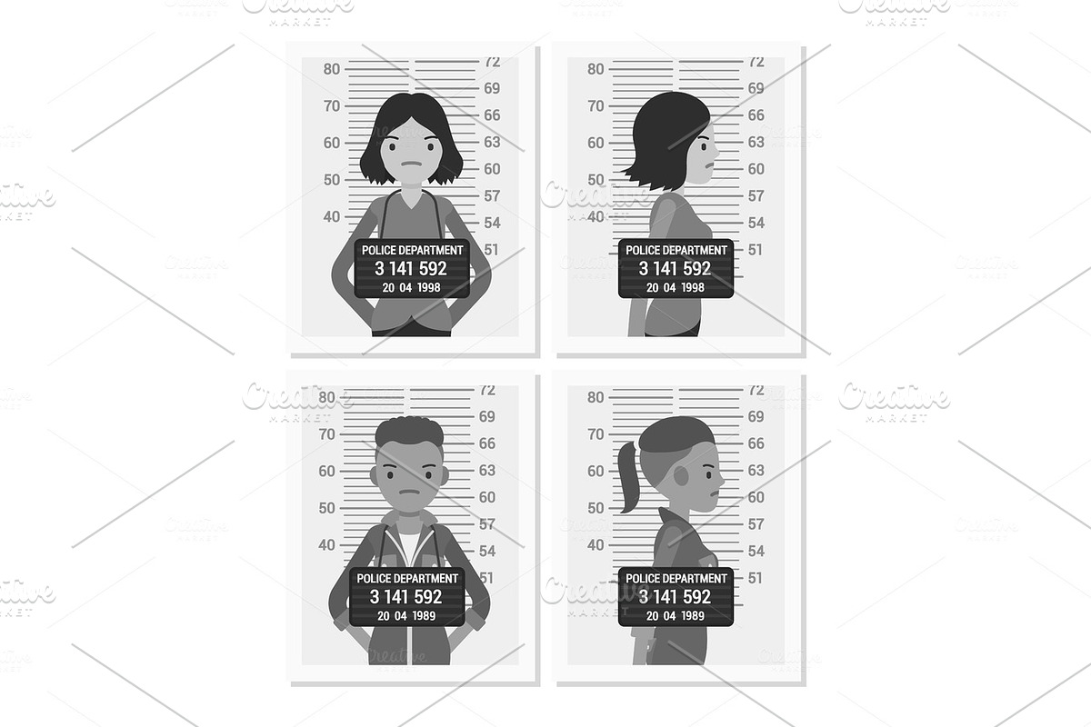 Set of balck and white female mugshots in Illustrations - product preview 8