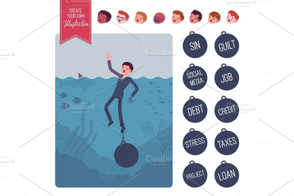 Businessman drowning with a weight creation set in Illustrations - product preview 8