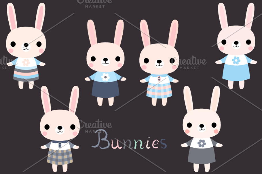 Cute pink bunnies clip art set