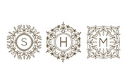 Monogram logo and text badge emblem line art vector illustration luxury template flourishes calligraphic leaves elegant ornament sign.