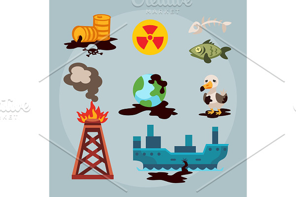 Ecological problems environmental oil pollution of water earth air deforestation destruction of animals mills factories forest protection vector illustration.