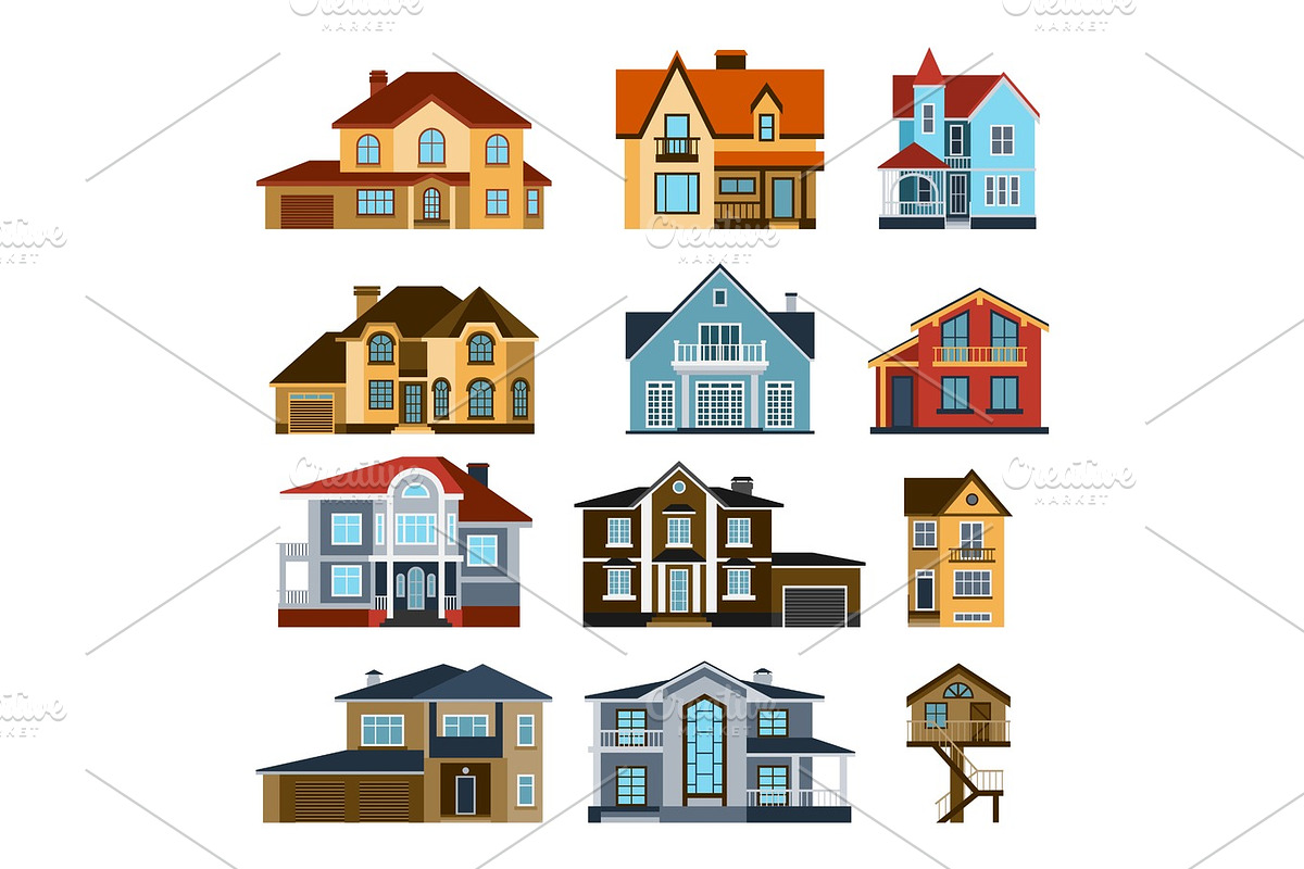 Houses front view vector illustration building architecture home construction estate residential property roof set apartment housing cottage in Illustrations - product preview 8