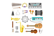 Different music instruments vector musical guitar violin and sound classical concert trumpet collection entertainment composition illustration.