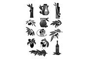 Olives, olive oil bottles and pitchers vector icons