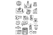 Vector icons and labels for milk dairy products