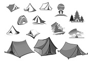 Camping vector icons of camp tent in forest