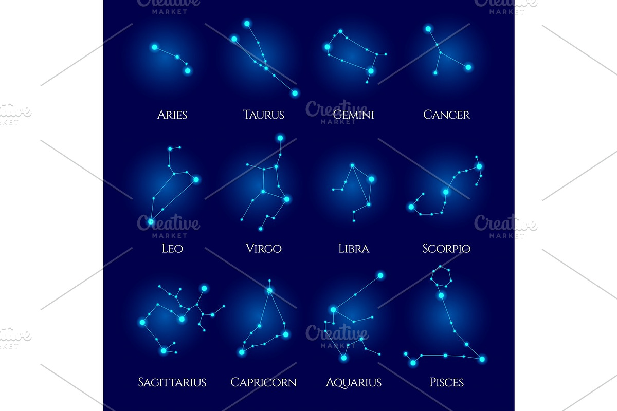 Constellations Vector Set. Twelve signs of the zodiac. Blue neon horoscope circle. Perfect for products such as t-shirts, pillows, album covers, websites, flyers, posters or any design in Illustrations - product preview 8