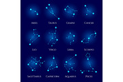 Constellations Vector Set. Twelve signs of the zodiac. Blue neon horoscope circle. Perfect for products such as t-shirts, pillows, album covers, websites, flyers, posters or any design
