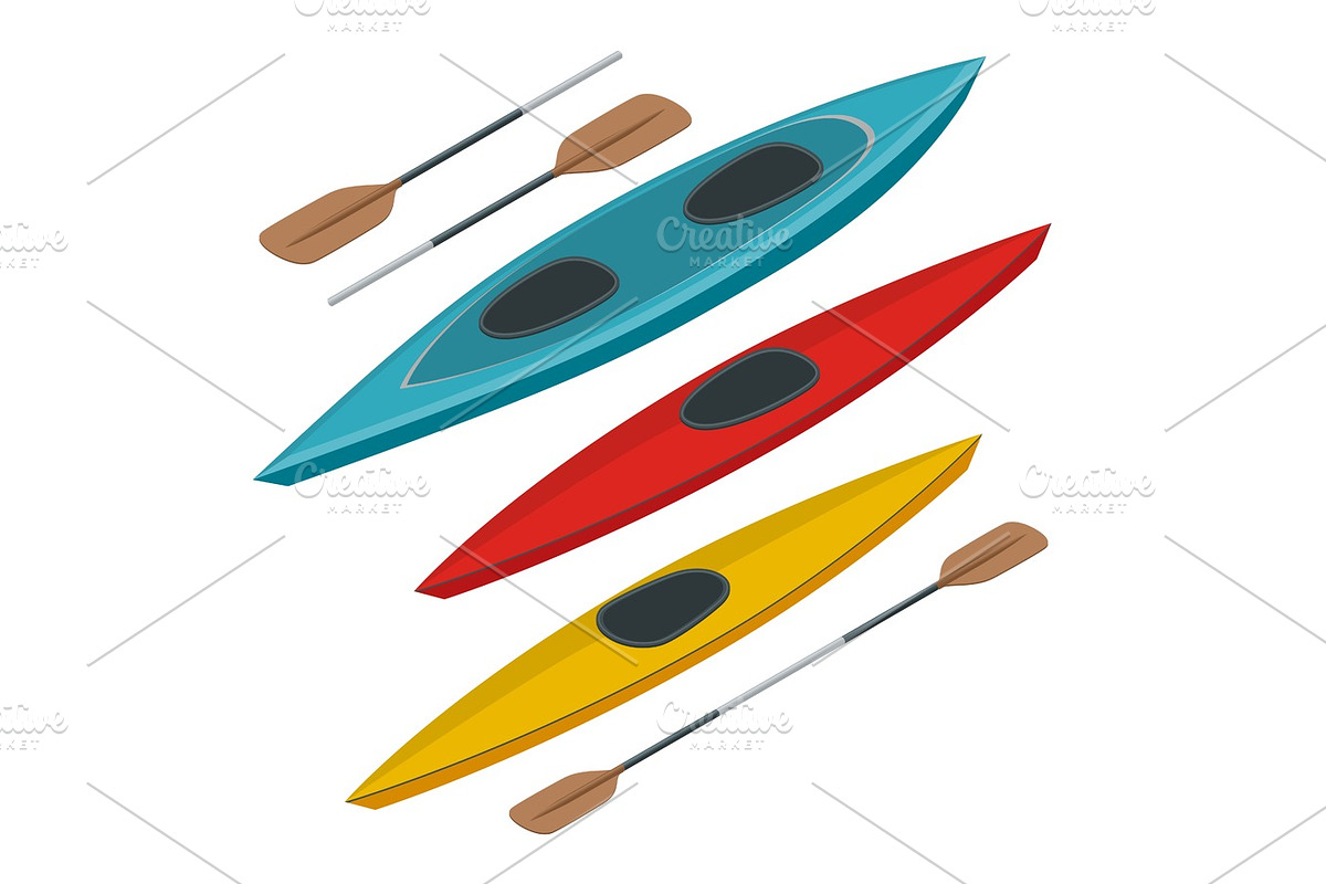 Rafting and kayaking icons collection. Isometric plastic kayak water recreational, touring or travel transport. Flat 3d illustration for infographics and design in Illustrations - product preview 8