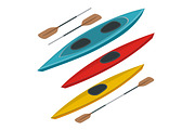Rafting and kayaking icons collection. Isometric plastic kayak water recreational, touring or travel transport. Flat 3d illustration for infographics and design