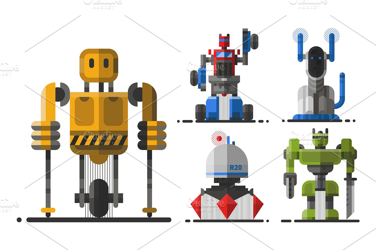 Cute vintage robot technology machine future science toy and cyborg futuristic design robotic element icon character vector illustration. in Illustrations - product preview 8