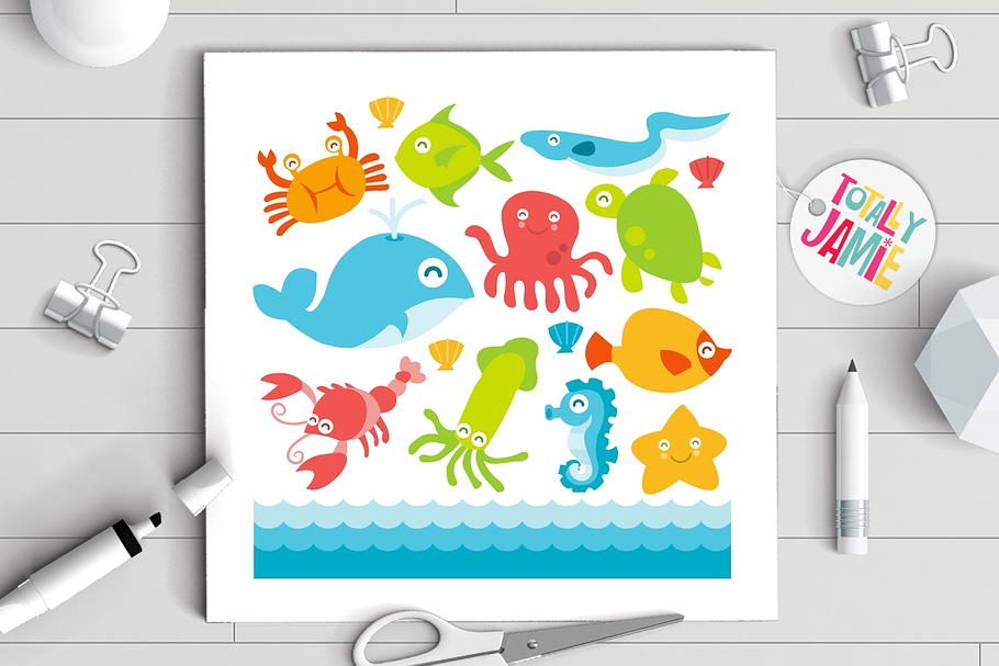 Happy Underwater Animals Set in Illustrations - product preview 8