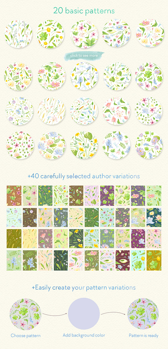 Wetland floral watercolor patterns in Patterns - product preview 1