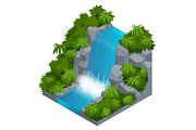 Waterfall in tropical forest. Build your own infographics collection. Vector isometric illustration