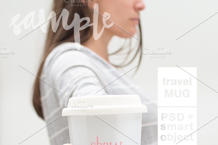 Girl Holding Travel Mug Mockup + PSD