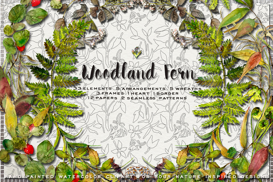 Woodland Fern Watercolor Clip Art in Illustrations - product preview 8