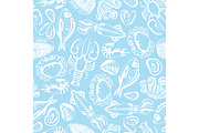 Seamless pattern with various seafood. Illustration of fish, shellfish and crustaceans