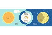 Cute banner for day and night shop with hand drawn smiling cartoon characters of Sun and Moon