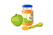 Glass jar of puree with spoon and green apple near