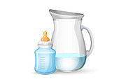 Baby milk bottle and jug with liquid on white