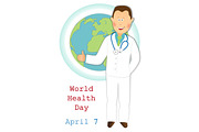 World health day. Happy doctor with ok sign and globe
