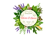 Fresh herbs and spices round label for food design