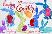 Watercolor set with Easter bunny .