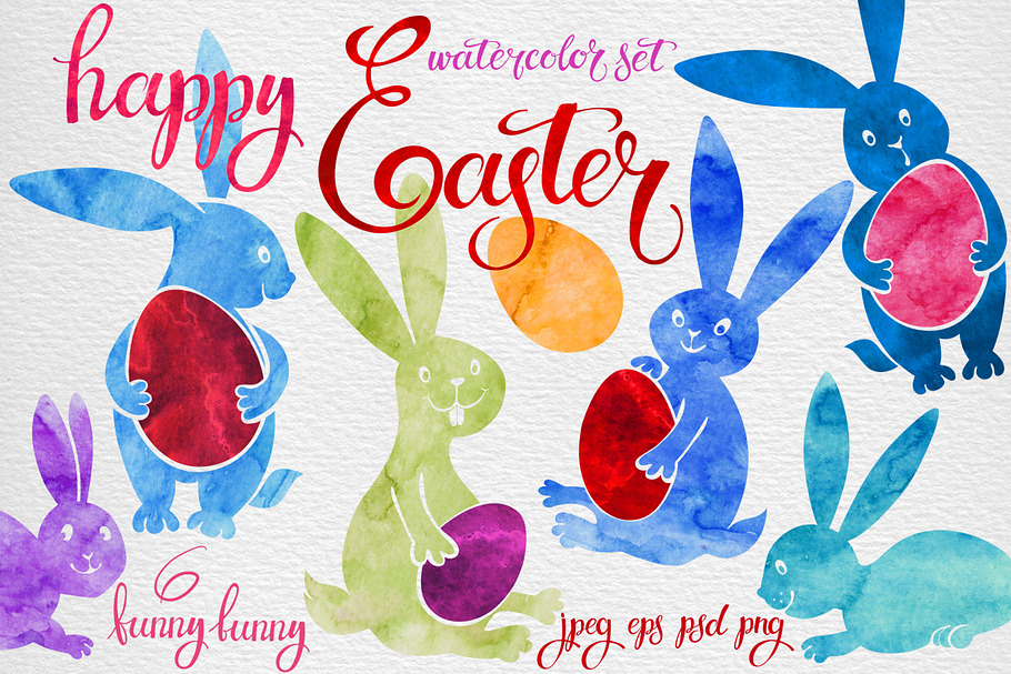 Watercolor set with Easter bunny . in Objects - product preview 8
